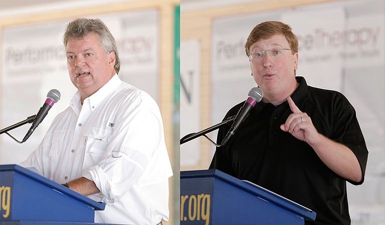 Attorney General Jim Hood (left) and Lt. Gov. Tate Reeves (right) squared off in their speeches at the Neshoba County Fair on Wednesday.