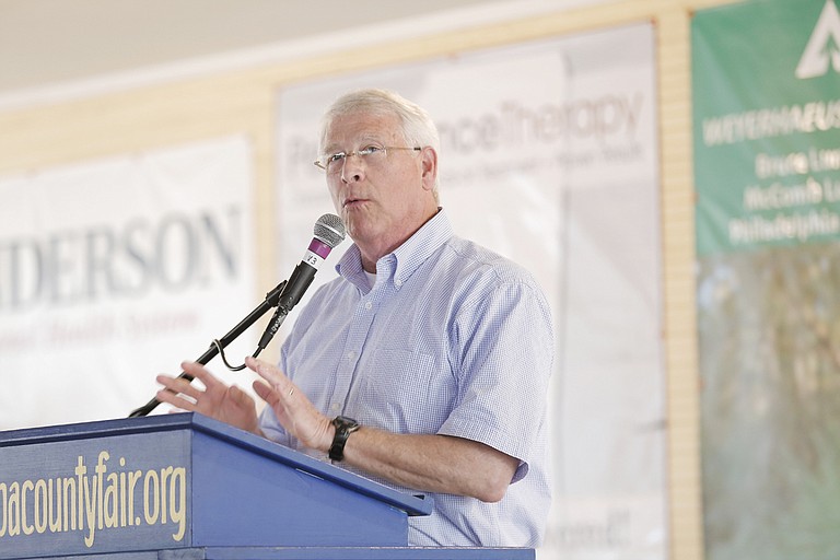 U.S. Sen. Roger Wicker, R-Miss., encouraged fairgoers at the Neshoba County Fair to vote for Republican senators and not for Hillary Clinton in the upcoming November election.