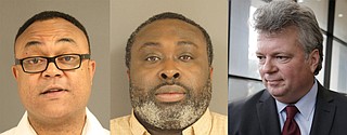 Hinds County District Attorney Robert Shuler Smith (left) is trying to get Christopher Butler (center) out of jail. Attorney General Jim Hood (right) had Smith arrested for his methods. Mugshots courtesy Hinds County Sheriffs Department/Hood photo by Imani Khayyam