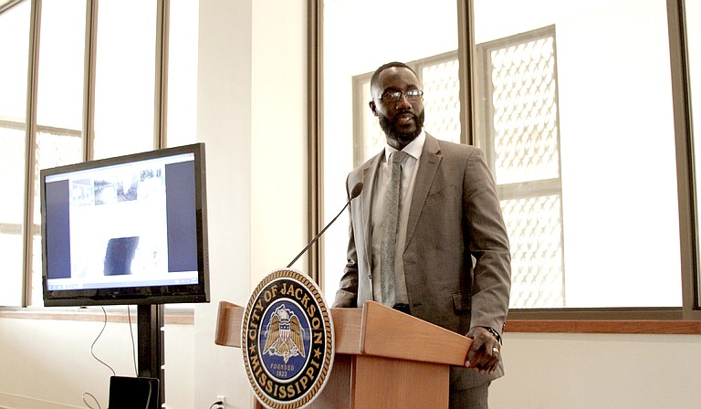 Mayor Tony Yarber addressed a small crowd at Thalia Mara Hall Thursday night for the 1 percent sales tax public information meeting, highlighting the projects as job-creators.