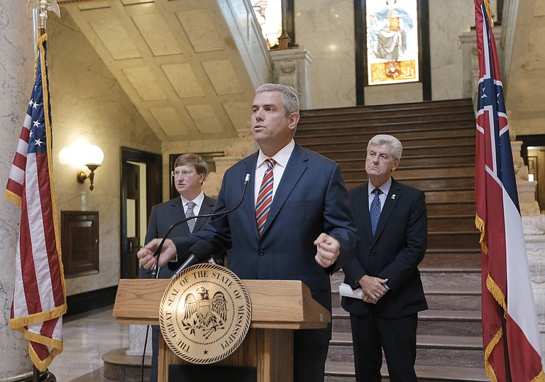 In July, the state’s top leaders, Lt. Gov. Tate Reeves (left), House Speaker Philip Gunn (middle) and Gov. Phil Bryant (right) announced the creation of a tax-policy panel to evaluate the state’s tax structure; the panel met Sept. 1 to listen to a Tax Foundation economist’s outlook of the state’s tax structure.