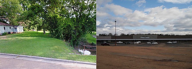 The 375 properties included in the online auction for Jackson vary in size and worth, from the tiny parcel adjacent to a home pictured here on the left, to the old Southport Mall Shopping Center, valued at $1.4 million, pictured on the right. Photo courtesy Secretary of State website
