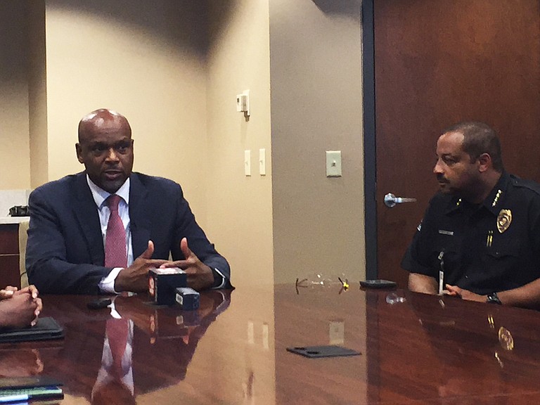 Federal liaison and former St. Louis Police Chief Dan Isom (left) and Jackson Police Chief Lee Vance (right) explained how the Violence Reduction Network would bring resources to the city to reduce violent crime.