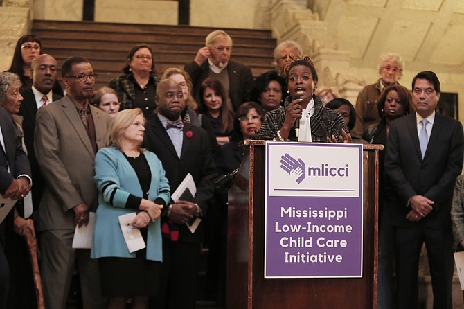 Advocates and lawmakers, including Cassandra Welchlin (pictured), announced the results of research about how Mississippi uses its Temporary Assistance for Needy Families funds and discussed how certain laws could help more funds go to child-care subsidies.