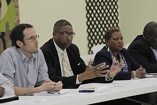 Members of the JPS School Board of Trustees Jed Oppenheim (left), Rickey Jones (center) and Beneta Burt (right), discussed the search for a new superintendent and heard public input at a work session on Jan. 3.