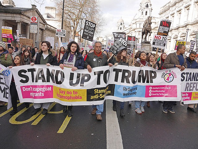 Protests erupted worldwide after President Trump banned entry to immigrants from a select number of Muslim-majority nations. Shown are protesters in London.