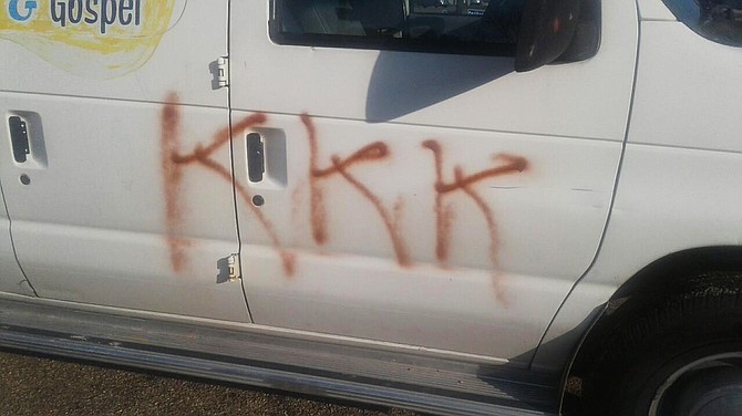 Stanley Wesley, the founding president of Respect our Black Dollars, found graffiti on his home when he got back from a banquet for his nonprofit. This morning, Wesley found graffiti on WMPR vans where he hosts a weekly radio show. Photo courtesy Stanley Wesley