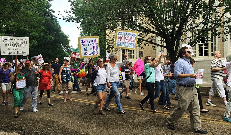 Protesters marched from the Capitol to the governor's mansion on May 1, 2016, in protest of Gov. Phil Bryant signing House Bill 1523 into law.