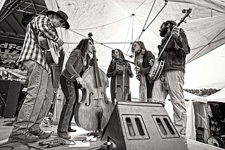 (Left to right) Loren Zyniecki, Julie Gussaroff, Melly Frances, Becca Bisque and Danjo Lynn of The Sweet Lillies perform Tuesday, Feb. 21, at Martin’s Restaurant & Bar. Photo courtesy James Dewalt