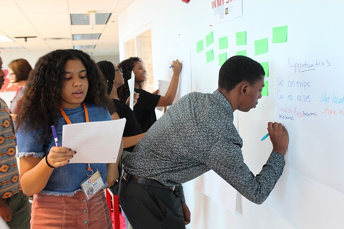 Youth Media Project student journalist Asia Mangum (left), an 11th-grader at Murrah High School in Jackson, helped conduct a SWOT analysis on the project’s future on a Saturday after the 2016 project ended. Wingfield High School Student Government President Cameron Ford attended to help plan the spring 2017 session to work with Wingfield High School FAME students. Photo courtesy Youth Media Project