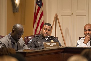 From left: Mayor Tony Yarber, JPD District Commander Duane Odom and Commander Tyree Jones were three of nine men on the City Hall dais during a violence-reduction forum on Feb. 23. The discussion didn’t go off exactly as announced, however.