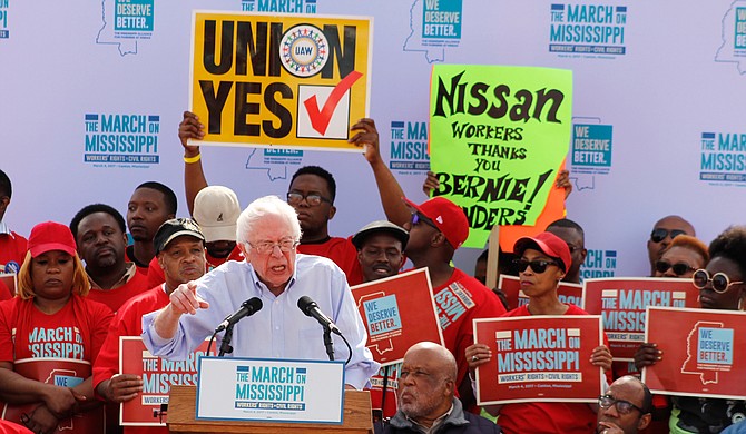 U.S. Sen. Bernie Sanders, I-Vermont, spoke at the March on Mississippi in Canton on Saturday, March 4, supporting efforts of some workers at the Nissan plant to unionize.