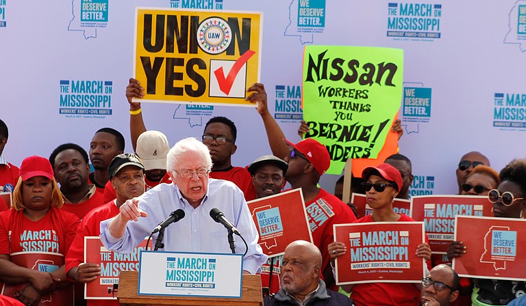 U.S. Sen. Bernie Sanders, I-Vermont, spoke at the March on Mississippi in Canton on Saturday, March 4, supporting efforts of some workers at the Nissan plant to unionize.