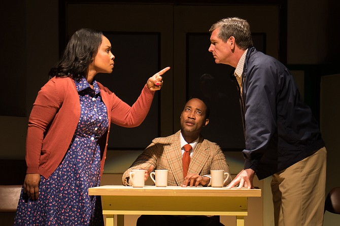 In New Stage Theatre's production of "Best of Enemies," (left to right) Marci J. Duncan stars as Ann Atwater, Yohance Myles stars as Bill Riddick and Rus Blackwell stars as C.P. Ellis.