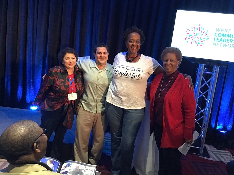 Shelia Nabors (second from right) is a W.K. Kellogg Foundation Community Leadership Network fellow in Mississippi who is working on a pilot program to further racial healing and understanding in north Mississippi. She was part of a meeting of the Mississippi fellows last week in Greenwood. Pictured from right: W.K. Kellogg Foundation Director of Leadership Programs Esther Nieves; Program Manager Simón Perazza; fellow Shelia Nabors; and foundation consultant and facilitator Patricia Turner.