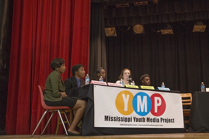 A Youth Media Project media panel asked mayoral candidates at Provine High School questions that dozens of Jackson teenagers helped brainstorm. From left: timekeeper Malaysia McCoy of Jim Hill High School; Kenytta Brown of Lanier High School; Shakira Porter of Wingfield High School; Maggie Jefferis of Murrah High School; and Dartavius Archie of Wingfield High School.