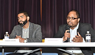 Attorney Chokwe Antar Lumumba, 33, and Corinthian Sanders, 24, were the two youngest candidates at a mayoral forum Thursday night. An older candidate, Robert Graham, made their age and maturity an issue in the heated debate. Photo courtesy William H. Kelly III