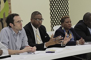 From left: JPS board members Jed Oppenheim, Rickey Jones and President Beneta Burt make up half of the JPS school board, which needs to fix several district policies before June 30 to keep the state from taking over the district.