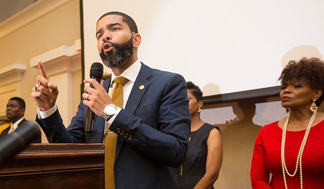 Mayor-elect Chokwe Lumumba thanks his supporters at the King Edward Hotel after winning the primary election with 23,175 votes, or 93 percent of the total vote.