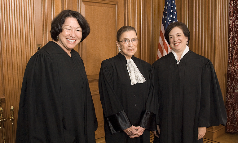 In dissent, Justice Sonya Sotomayor (left) said the ruling weakens the nation's longstanding commitment to separation of church and state. Justice Ruth Bader Ginsburg (center) also dissented. Justice Elana Kagan (right) voted with the majority opinion. Photo courtesy U.S. Supreme Court