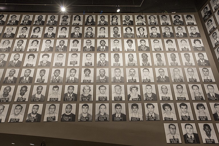 Mugshots of Freedom Riders line the walls of the Mississippi Civil Rights Museum.