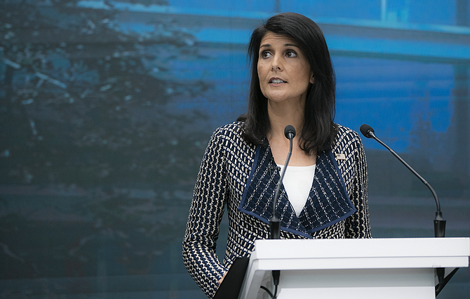 Nikki Haley, Trump's U.N. ambassador, told an emergency session of the council Wednesday that the world must do more to "cut off the major sources of hard currency to the North Korean regime." Photo courtesy U.S. Mission Geneva