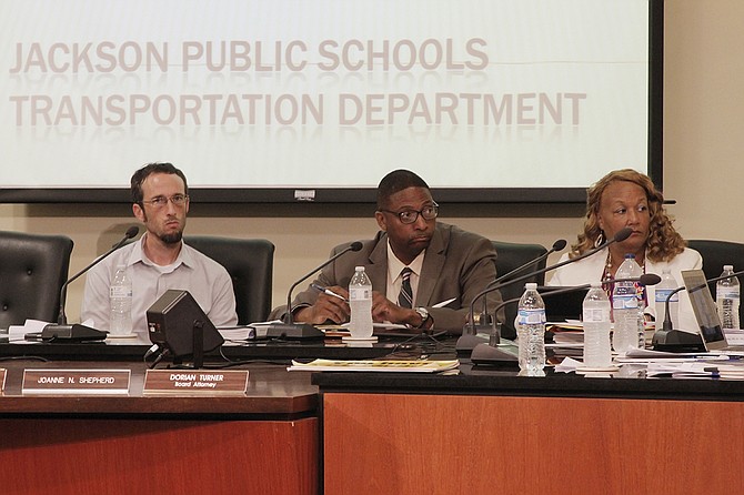The remaining members of the Jackson Public Schools Board of Trustees—Jed Oppenheim, Rickey Jones and Camille Sims (left to right)—could not approve any consent agenda items at their meeting Thursday, July 20, after Dr. Richard Lind resigned this week.