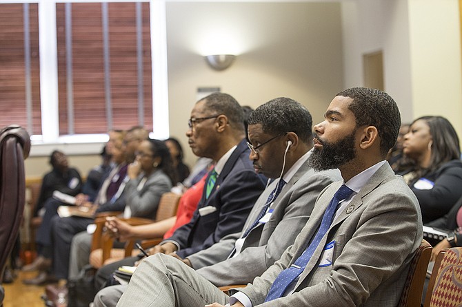 Mayor Chokwe Antar Lumumba sits in on the Commission on School Accreditation meeting on Sept. 13 where it voted JPS is in an “extreme emergency.” NAACP Interim President Derrick Johnson and Sen. Sollie Norwood, D-Jackson, sit to his right.