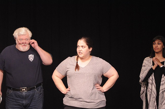 Daniel McDade (Wizard), Mandy Hackman (Princess Winnifred) and Mona Reddy (Lady Mabelle) Photo courtesy Center Players Community Theatre