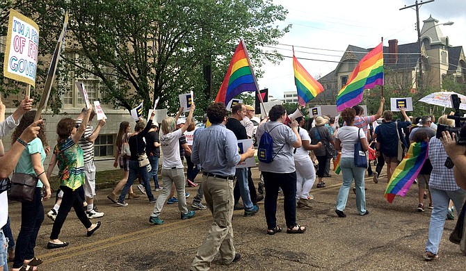 Protesters rally in downtown Jackson on May 1, 2016, calling on Gov. Phil Bryant to repeal House Bill 1523. He did not comply, however.