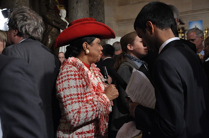 Rep. Frederica Wilson (pictured) said she was in the car with the widow, Myeshia Johnson, on the way to Miami International Airport to meet the body when Trump called. La David Johnson's mother, Cowanda Jones-Johnson, told The Associated Press on Wednesday that the congresswoman's account was correct. Photo courtesy Flickr/Medill DC