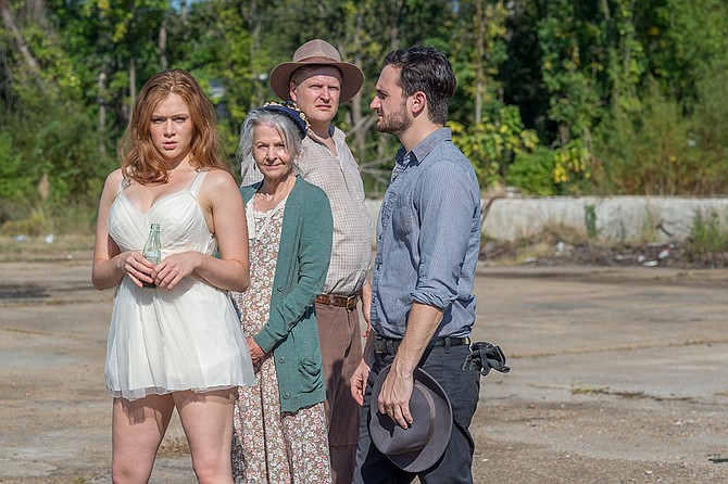 Left to right: Betsy Helmer (Baby Doll), Ouida White Berger (Aunt Rose), Brian Landis Folkins (Archie Lee) and Billy Finn (Silva) star in New Stage Theatre’s production of Tennessee Williams’ “Baby Doll.” Photo courtesy New Stage Theatre