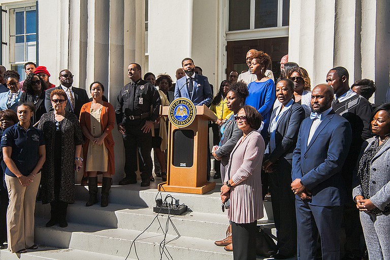 Mayor Chokwe Antar Lumumba discussed crime and cooperatives, and praised his transition team as he reflected on his first 100 days in office at a press conference outside City Hall on Oct. 24, 2017. Photo by Stephen Wilson