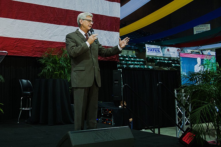 Gov. Phil Bryant told reporters after speaking at Hobnob Mississippi that he supports putting the state flag on the ballot next year. Photo by Stephen Wilson