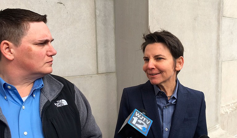 Christina Strickland (left) and her attorney Elizabeth Littrell (right) spoke with reporters outside the Mississippi Supreme Court after oral arguments in ther same-same marriage parental-rights case on Wednesday, Nov. 29.