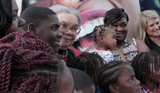 Children’s Defense Fund founder Marian Wright Edelman (center) speaks to young people outside Madison S. Palmer High School in Marks, Miss., on July 12, 2017. Photo courtesy Rachel Fradette