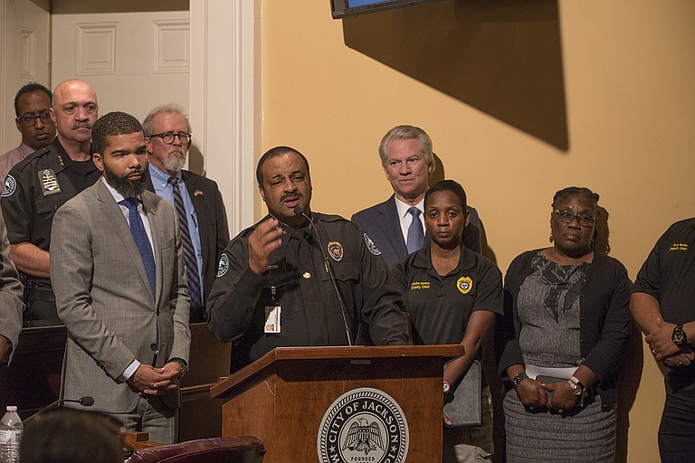 Following Lee Vance's (center) retirement after 30 years with JPD, Mayor Chokwe Antar Lumumba (left) appointed Anthony Moore as the interim chief of Jackson Police Department today.