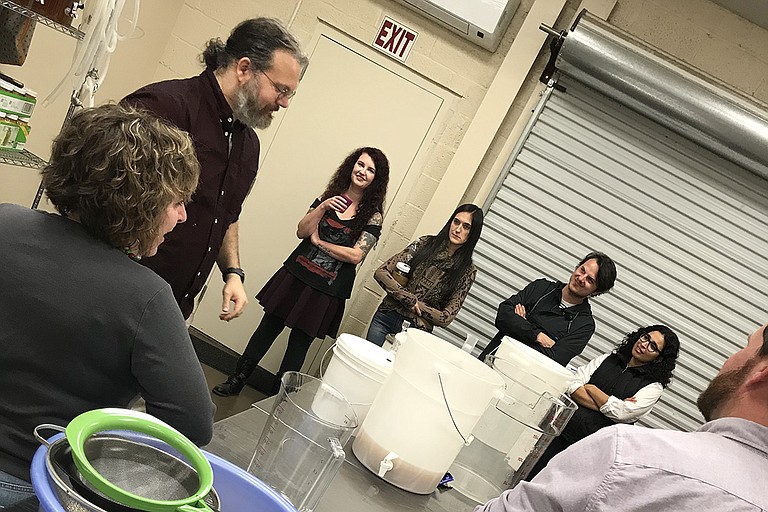 Patrick Jerome talks to participants about wine-making and fermentation at a workshop on Dec. 13, 2017, at Sweet & Sauer in The Hatch. Photo by Julie Noone