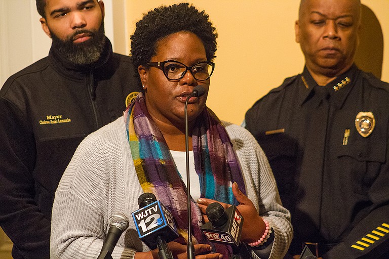 Constituent Services Manager Keyshia Sanders said the City of Jackson delivered water this morning to schools under a boil-water notice. She is pictured here at a press conference on Wednesday, Jan. 17.