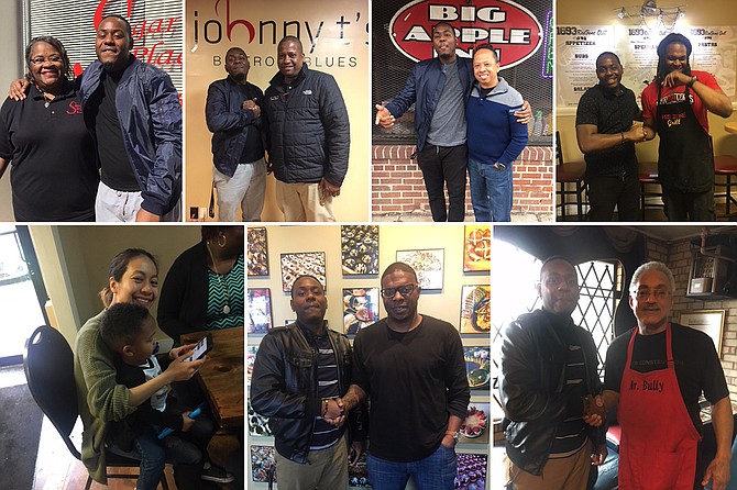 (From top left to bottom right) While in Jackson, Navalon app creator Kreskin Torres met with Glenda Barner of Sugar’s Place, John Tierre of Johnny T’s Bistro & Blues, Geno Lee of Big Apple Inn, chef Mike Mosley of 1693 Red Zone Grill, Thuong Hoang of Pho Huong, chef Nick Wallace and Tyrone Bully of Bully’s Restaurant. Photo courtesy Alivia Townsend