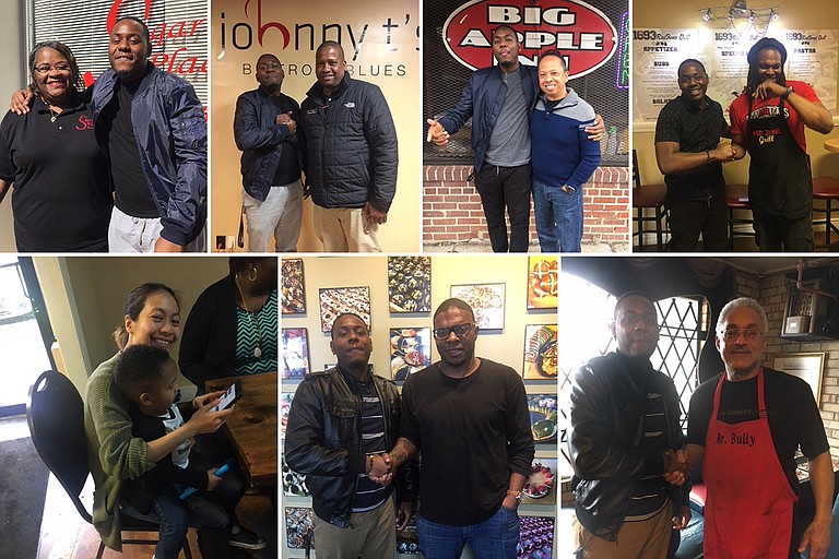 (From top left to bottom right) While in Jackson, Navalon app creator Kreskin Torres met with Glenda Barner of Sugar’s Place, John Tierre of Johnny T’s Bistro & Blues, Geno Lee of Big Apple Inn, chef Mike Mosley of 1693 Red Zone Grill, Thuong Hoang of Pho Huong, chef Nick Wallace and Tyrone Bully of Bully’s Restaurant. Photo courtesy Alivia Townsend