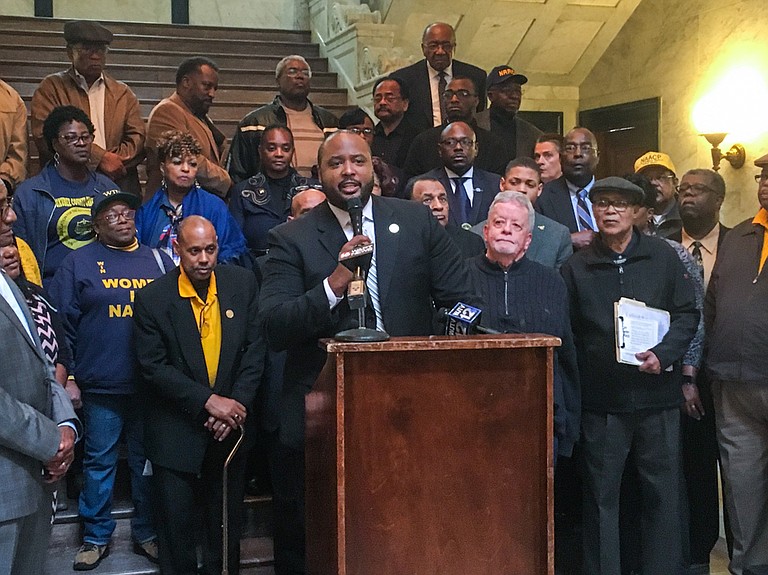 Corey Wiggins, executive director of the Mississippi NAACP (pictured here at a different press conference), said his organization opposes Senate Bill 2868 because of its potential to negatively affect communities of color in the state.
