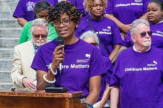 Cassandra Welchlin, director of the Mississippi Women's Economic Security Initiative, (pictured here at a child care advocacy press conference) said Rep. Mark Baker's, R-Brandon, equal pay amendment is harmful—not helpful—to state equal-pay efforts.