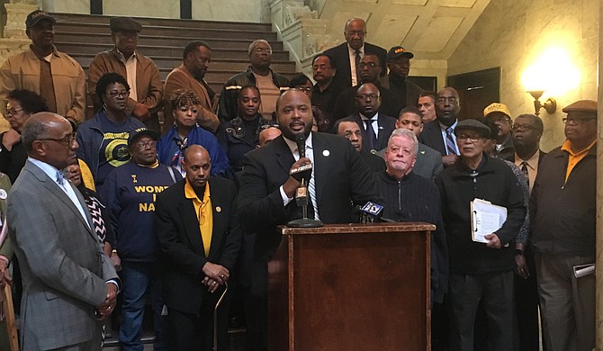 Corey Wiggins, the executive director of the Mississippi NAACP, called on lawmakers to work to restore voting rights for the more than 218,000 Mississippians who are disenfranchised, at a press conference at the Capitol this session.