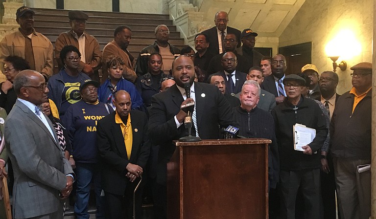 Corey Wiggins, the executive director of the Mississippi NAACP, called on lawmakers to work to restore voting rights for the more than 218,000 Mississippians who are disenfranchised, at a press conference at the Capitol this session.