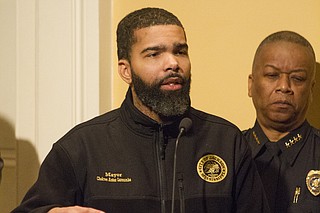 Police say five officer-involved shootings have occurred since Mayor Chokwe Antar Lumumba took office in July 2017. The Jackson Free Press counts seven in that timeframe as of March 1. Lumumba is pictured here alongside Interim Jackson Police Chief Anthony Moore at a press conference on Jan. 19, 2018. 