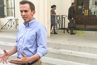 Shadrack White, director of the Mississippi Justice Institute, filed a public records complaint with the Mississippi Ethics Commission after a January records request for all records concerning any detainer or immigration hold requests from January 2014. He is pictured here after the mayor's press conference addressing his complaint on March 5, 2018. Photo by Ko Bragg