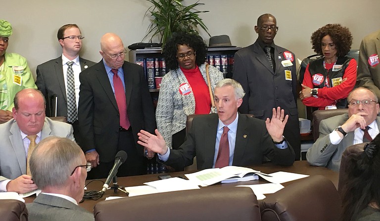 Sen. David Blount, D-Jackson, (center) spoke against the Uniform Per Student Funding Formula proposal in the Senate Education Committee in February, debunking the idea that the bill has been available to the public for a year.