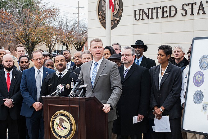 U.S.  Attorney Mike Hurst announced Project EJECT (Empower Jackson Expel Crime Together) on Dec. 7, 2017, with then-Jackson Police Chief to his right and Christopher Freeze, Special Agent in Charge of the FBI in Jackson, to his left.