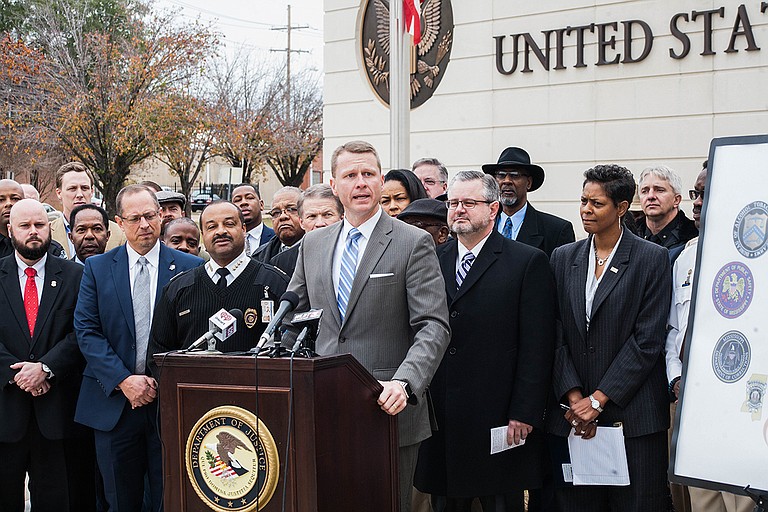 U.S.  Attorney Mike Hurst announced Project EJECT (Empower Jackson Expel Crime Together) on Dec. 7, 2017, with then-Jackson Police Chief to his right and Christopher Freeze, Special Agent in Charge of the FBI in Jackson, to his left.
